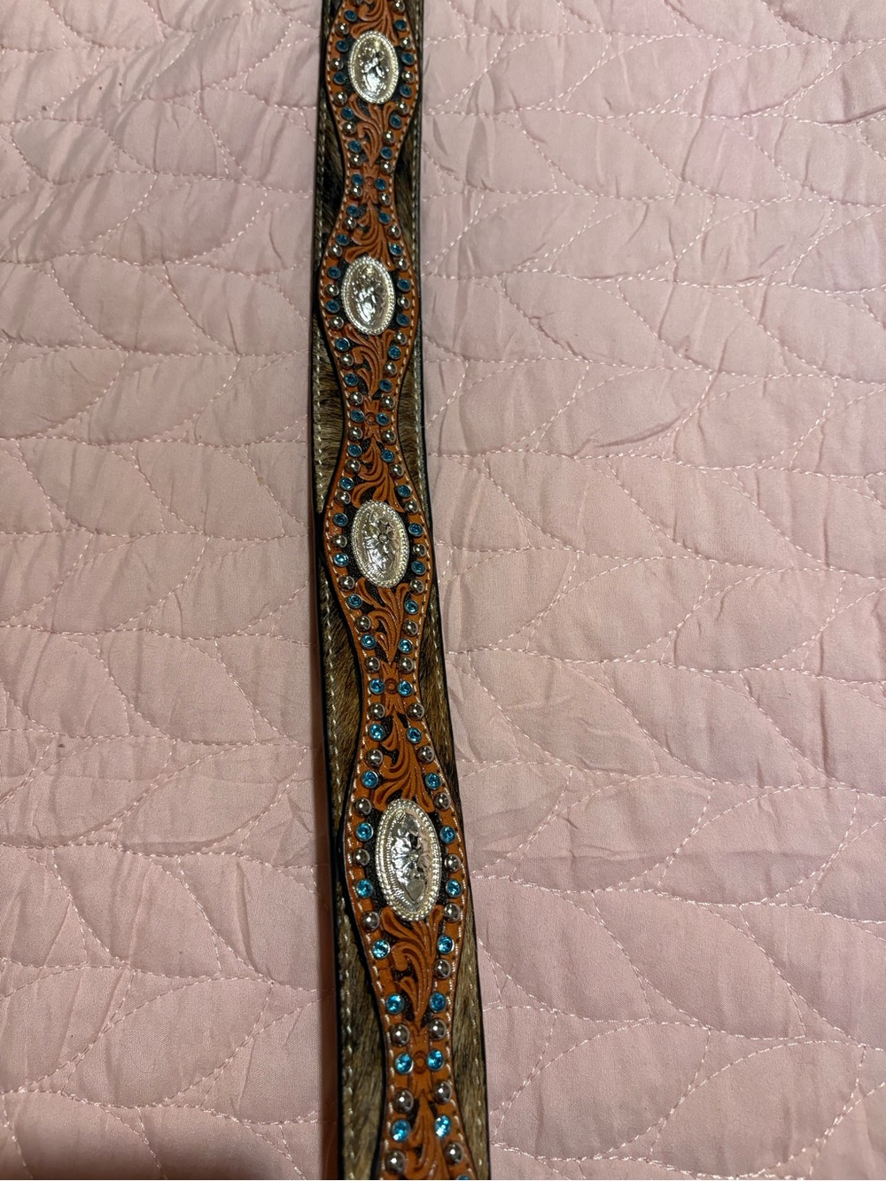 Women's Brown Tooled Leather Belt with Turquoise Stones